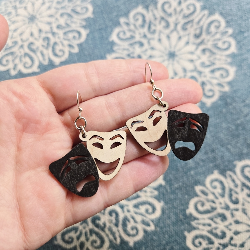 Wooden Comedy Tragedy Theater Mask Hook Dangle Drop Earrings